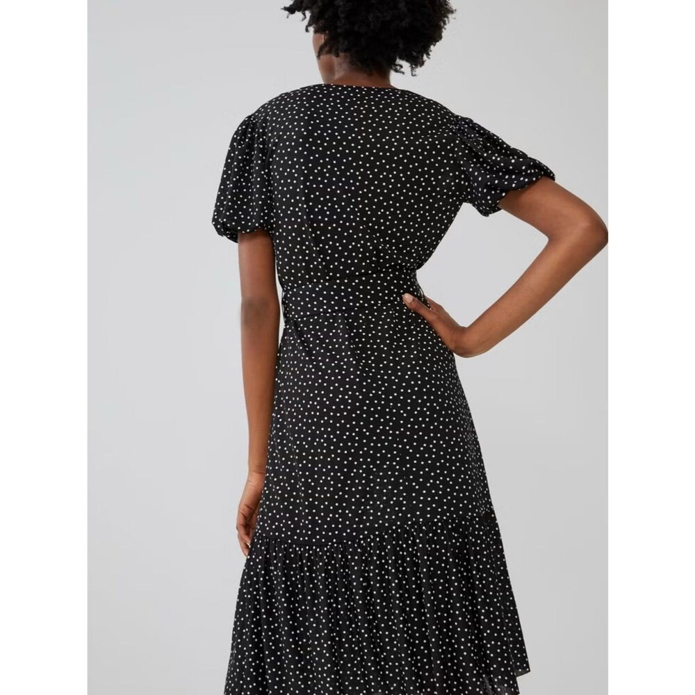 Zara Midi dress with V-neck, short puff sleeves, polka-dot print, and belt sz M - Picture 4 of 13